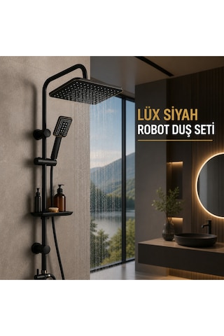 Lüx Siyah Tepe Yağmurlama Robot Duş Seti Siyah Lavabo Bataryası 2'li Avantaj Set Modern Tasarım Set