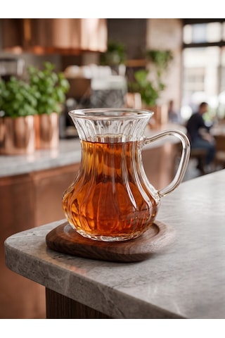 Lüks Detaylı Kulplu Cam Çay Bardağı Seti 6 Kişilik 150 Ml Beyaz