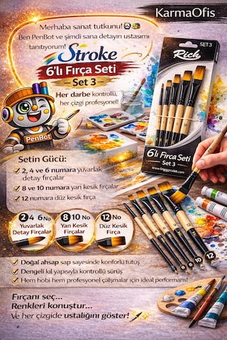 6 Lı Stroke Fırça Seti Set 3 Yan Kesik,düz Kesik,detay Fırçası Akrilik&guaj Uyumlu Profesyonel Set
