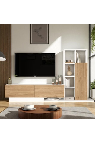 Robin Home Tv Ünitesi Kapaklı Kitaplık Raflı Beyaz Beyaz