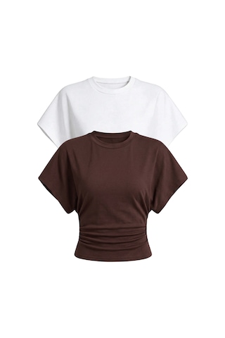 Genius Store Kadın Yarasa Kollu Bluz Pamuklu 2 Li Bluz Yarasakol-2 Kahverengi-beyaz