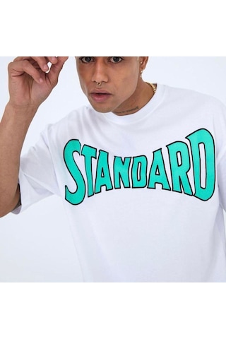 Flood Of Style Erkek Beyaz Standard Baskılı Oversize Bisiklet Yaka Tshirt