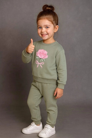 Kız Çocuk %100 Pamuk Gül Baskılı Eşofman Takımı Yeşil