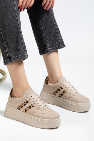Bahrina Kadın Kalın Tabanlı Sneaker Bej Süet Leopar
