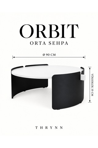 Orbit Yuvarlak Orta Sehpa Çap 90cm Beyaz Ve Siyah Metal Ayak 35cm Modern Tasarım Dekoratif Beyaz - Siyah