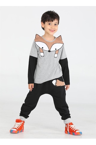 Casabony Tilki Baggy Erkek Çocuk Pantolon + T-shirt Takım-gri - Siyah