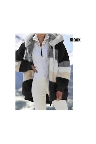 Kış Kadın Moda Kapşonlu Sıcak Gevşek Ceket Kadınlar İçin Patchwork Giyim Fermuar Bayanlar Artı Boyutu Kazak Siyah