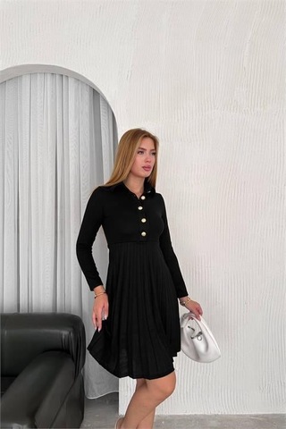 Dip Moda Kadın Triko Düğme Detaylı Pileli Mini Elbise Dpnbk2166 Siyah