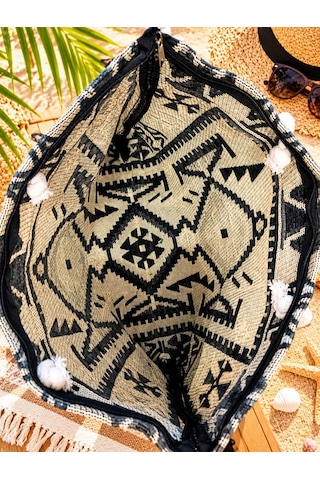 Etnik Desenli Kilim Omuz Ve Plaj Çantası 50x30 Cm Açık Gri