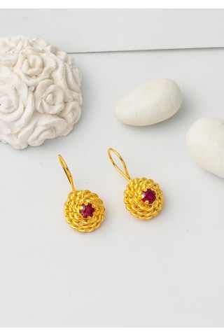 Bilezikci 22 Ayar Kırmızı Taşlı Gül Altın Küpe