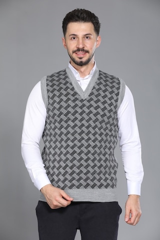 Kzc Tekstil Erkek Baba Ve Orta Yaş Desenli Akrilik Kalın Dokulu V Yaka Triko Süveter Açık Gri