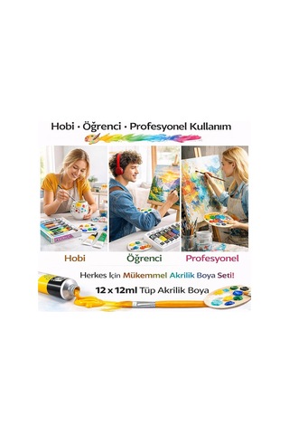 Mona Lisa 12 Renk Akrilik Tüp Boya Seti 12x12 Ml Profesyonel Akrilik Boya Tüp Set Tuval, Ahşap, Taş, Seramik Renkli