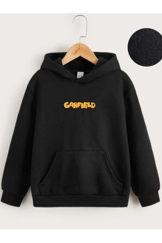 Moda Assema Çocuk Unisex Kapüşonlu Ön Ve Arka Garfield Baskılı Sweatshirt - Siyah Çok Renkli