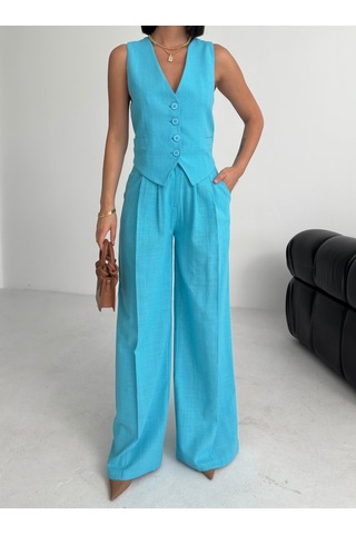 Keten Sirti Çapraz Geçi Şli Cepken Pantolon Takim Mavi