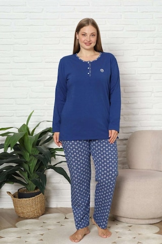 Alimer Etnik Desenli Kadın 3 Düğmeli Pamuk Likra Mevsimlik Uzun Kollu Pijama Takımı Saks Mavi