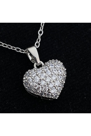 Kalp Kolye Full Zirkon Taşlı Kalp Kadın Kolye 45cm Silver