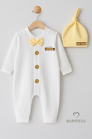Babyden's Mini Boss Erkek Bebek Papyonlu Şapkalı Tulum Seti %100 Pamuk Hastane Çıkışı Sarı