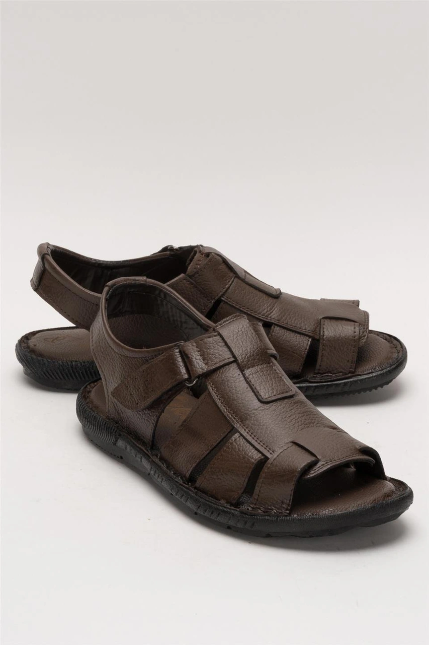 Erkek Hakiki Deri Cırtlı Sandalet Kahverengi - Siyah Kahverengi - Siyah