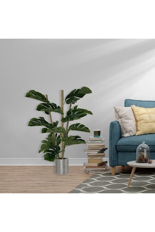 Yapay Çiçek Monstera Bambu Saplı Deve Tabanı Gümüş Saksılı Salon