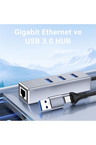 Usb 3.0 Type-c & Usb-a Ethernet Adaptör 4 İn 1 Çoklayıcı 1000 Mbps 1
