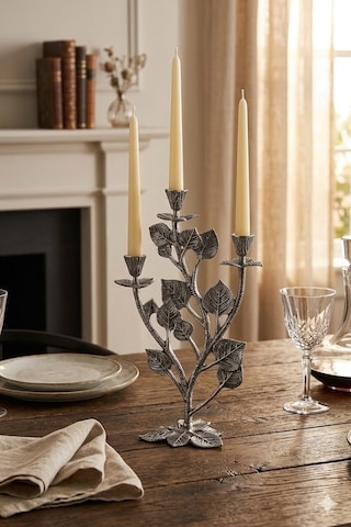 Leaf 3 Lıghts Candle Holder Nıckel Antıque 25,5x15,5x43 Cm Gümüş