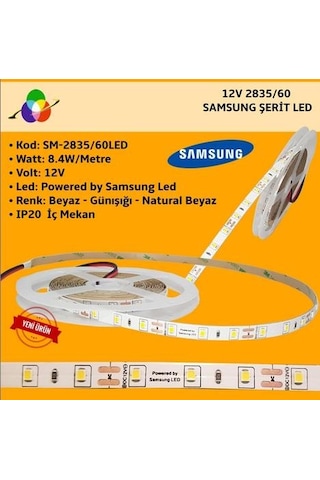 Samsung Şerit Led 12v 2835/60 Ledli Beyaz İç Mekan Ip20 5 Metre/ Paket