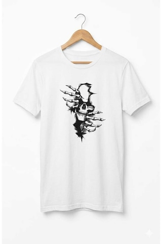 Erkek Pamuklu Rahat Kalıp Kurukafa Baskılı T-shirt Beyaz