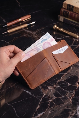 Luvo %100 Hakiki Deri El Yapımı 4 Kart Bölmeli Unisex Minimalist Cüzdan Kartlık İnce Kompakt Kağıt Para Ve Kart Bölmeli Cüzdan Taba