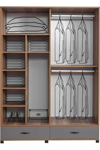 Defne Sürgülü Gardırop Aynalı Çekmeceli 150x60x200