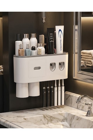 Çift Dispenserli Diş Macunu Sıkacağı 6 Fırçalık Bardaklı Banyo Organizer Renkli