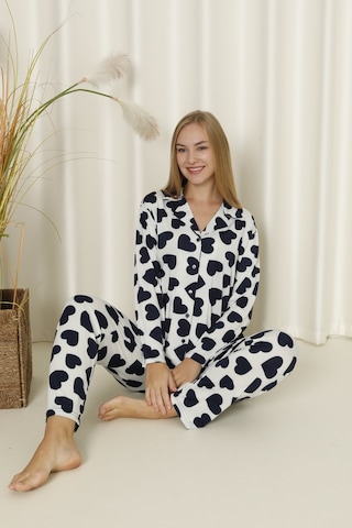 Wordex Mirano 9508 Kalpli Milan Yumuşak Kumaş Boydan Düğmeli Kadın Pijama Takımı Beyaz-lacivert