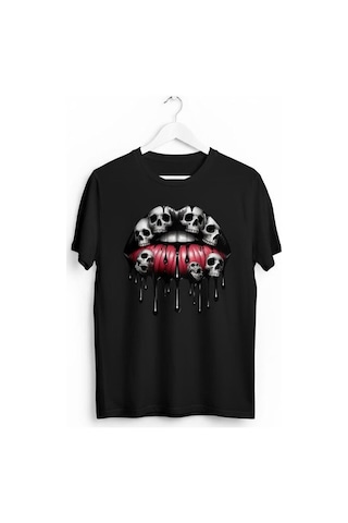Kadın Kuru Kafa Dudak Baskılı Pamuklu T-shirt Siyah