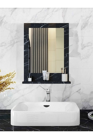Safir Stil 60x45 Siyah Raflı Banyo Aynası Siyah