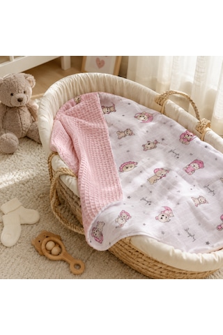 Minora Baby&kids Çift Taraflı Pike Müslin Bebek Örtüsü 100x100 CM - Pembe Ayı