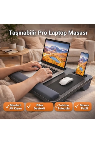 Polham Minderli Bilek Destekli Telefon Tutuculu Mouse Padli Taşınabilir Laptop Masası Dizüstü Çalışma Sehpası