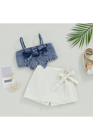 Çocuk Kız Yaz 2 Parça Kıyafet 1y 2y 3y 4y 5y 6y Düz Renk Kolsuz Yay Denim Kaşkorse Ve Elastik Rahat Etek Şort Takımı Bej