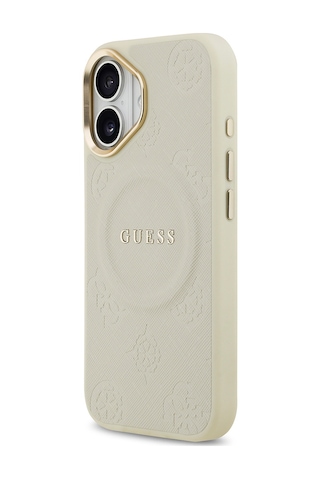 Apple Uyumlu iPhone 17 Kılıf Guess Lisanslı M-safe Özellik Sıcak Baskı Yazı Logolu Pu Deri Peony Kapak Bej Bej