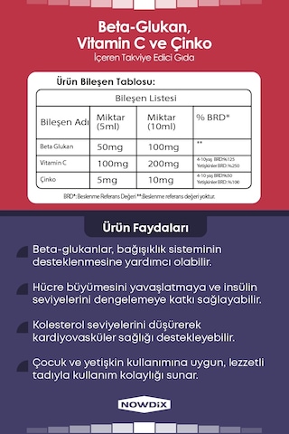 Nowdix Beta Glukan Vitamin C Çinko Şurup 150 ML