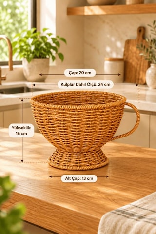 Atbyhome Büyük Boy Doğal Hasır Rattan Kupa Sepet 20x16 Cm - Kulplu Ayaklı Masa Üstü Ekmeklik Ve Meyvelik Kahverengi