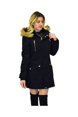 Büyük Beden Çıkarılabilir Kapüşonlu Kürk Astarlı Kadın Gabardin Kaban Siyah