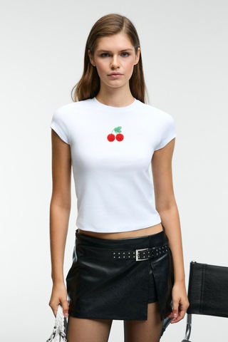 Ethıquet ZEFIRA Kadın Bisiklet Yaka Kısa Kollu Önü Boncuk İşleme Detaylı Slim Beyaz T-Shirt