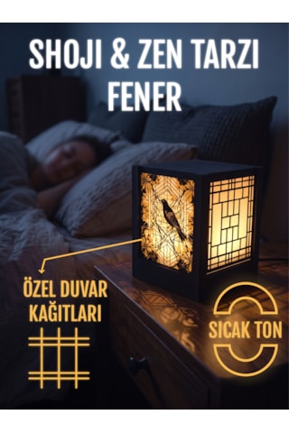 Serie Lumina Shoji Masa Ve Gece Lambası - Ardıç Kuşu Figürlü Klasik Zen Kafes Japon Feneri Sıcak Led Ambiyans Işığı Siyah