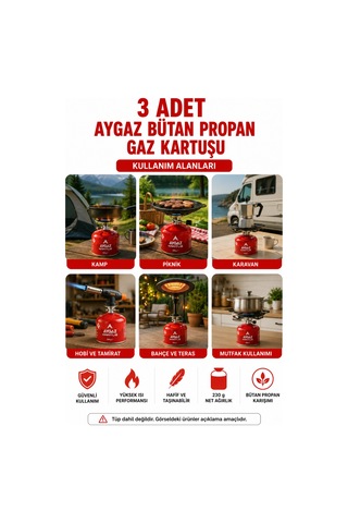 Gaz Kartuşu Bütan Propan Karışımlı Kamp Ocağı Uyumlu 230 Gr 3 Adet Kırmızı