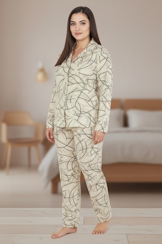 Bravie Luxury Soft Ekru Çizgi Desenli Uzun Kollu Kadın Pijama Takımı Büyük Beden 3015 Ekru