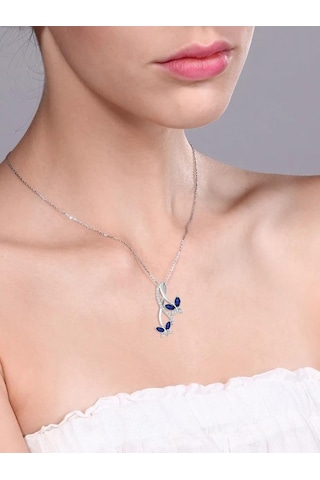 Brezza Lusso Jewelry Sonsuzluk Pırlanta Model Safir Taşlı Kelebek Kadın Gümüş Kolye 45 CM