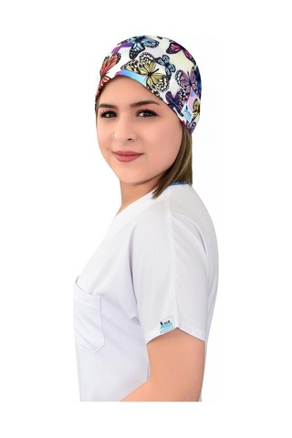 Unisex Mor Kelebekli Doktor Hemşire Cerrahi Hastane Aşçı Bonesi Beyaz Beyaz