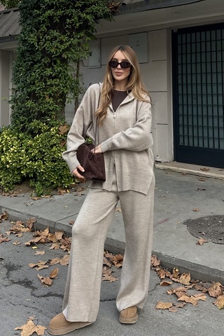 Vizon Fermuarlı Kapüşonlu Triko Takım - 0511 Vizon