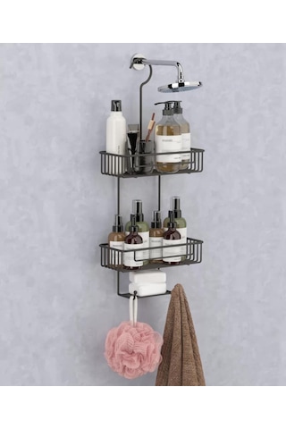 Duş Borusuna Asılabilir Kancalı İki Katlı Banyo Raf Siyah Bk-0068 Siyah