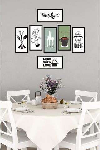 Kututr Modern Mutfak Temalı Dekoratif Duvar Tablo Seti, 7 Parça, Mdf, Çerçeve Görünümlü, Çok Renkli