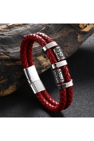 Yeni Paslanmaz Çelik Deri Halat Bileklik İskandinav Viking Serisi Çift Katmanlı Dokuma Deri Erkek Bilekliği Kırmızı
